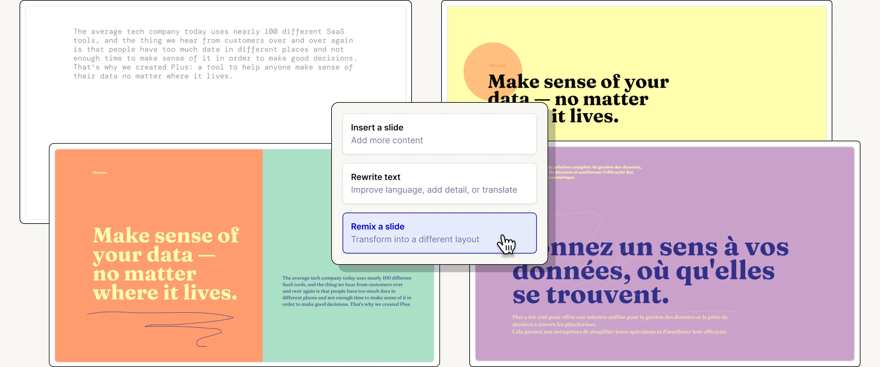 Illustration of 4 slides and the Plus AI editing buttons for Insert a slide, Rewrite text, and Remix a slide.