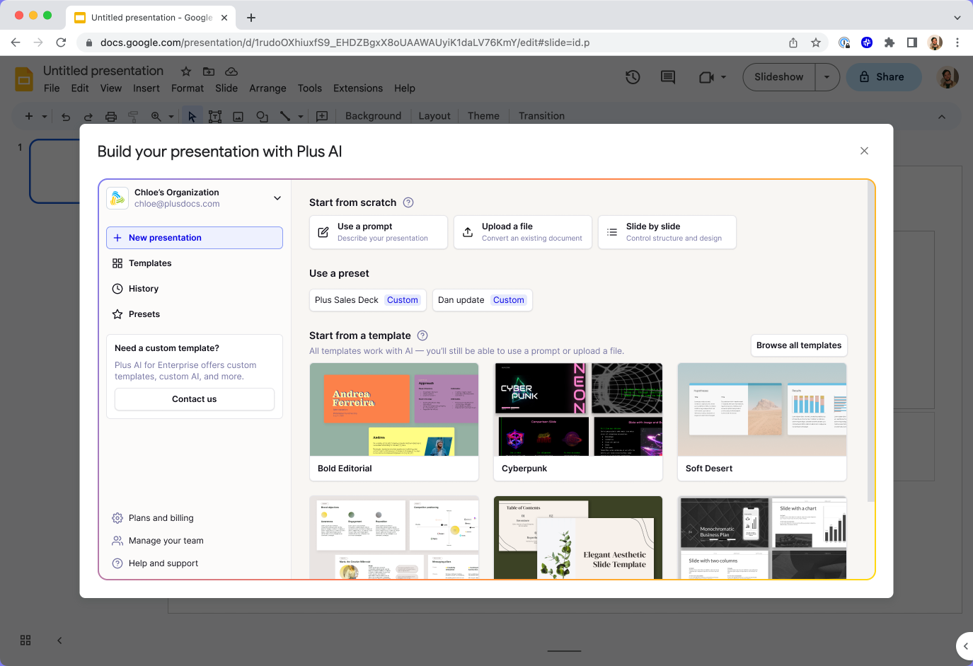 screenshot of Plus AI new presentation interface