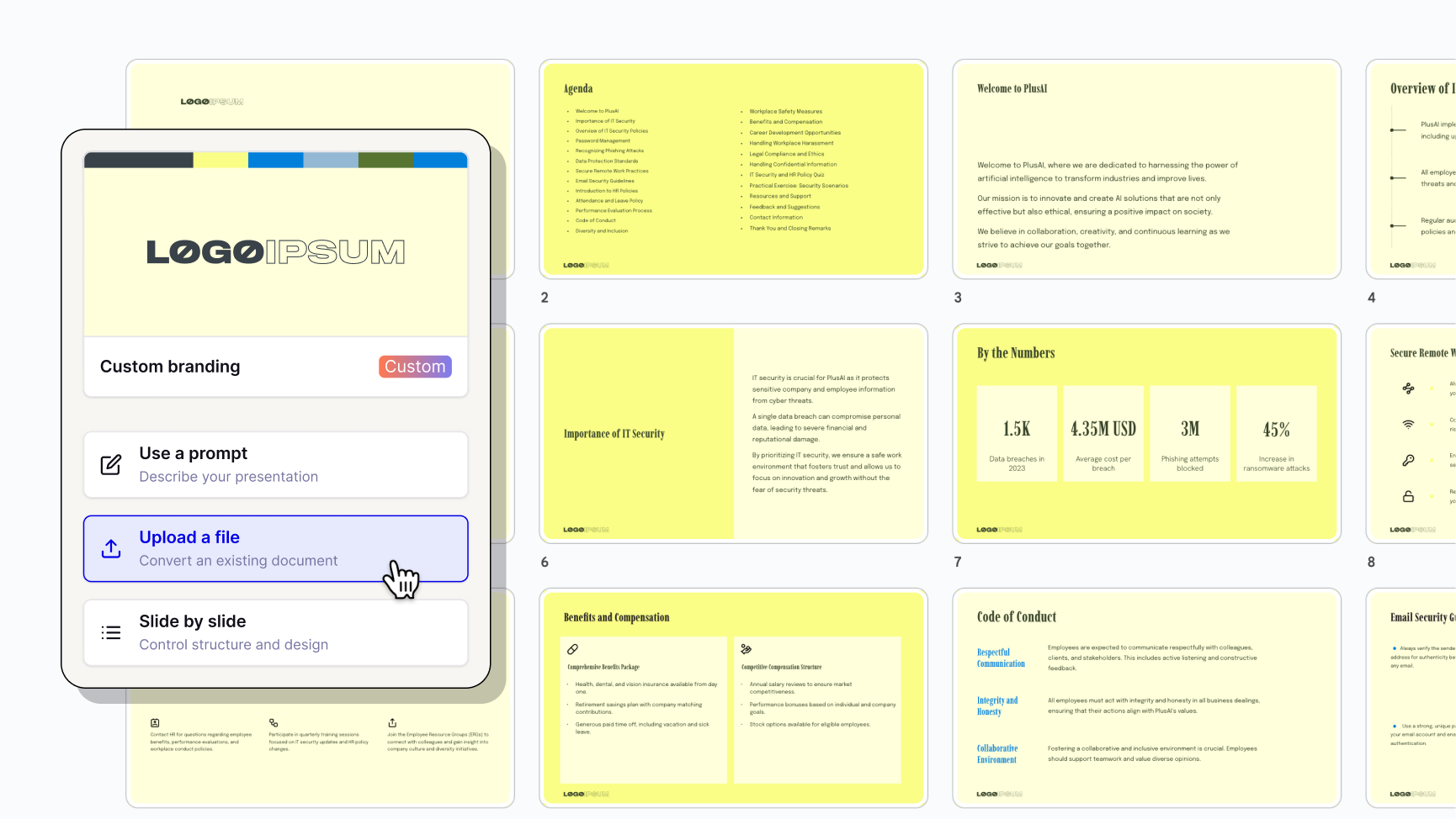 Illustration with a screenshot of custom branded slides and UI from Plus AI for generating presentations.