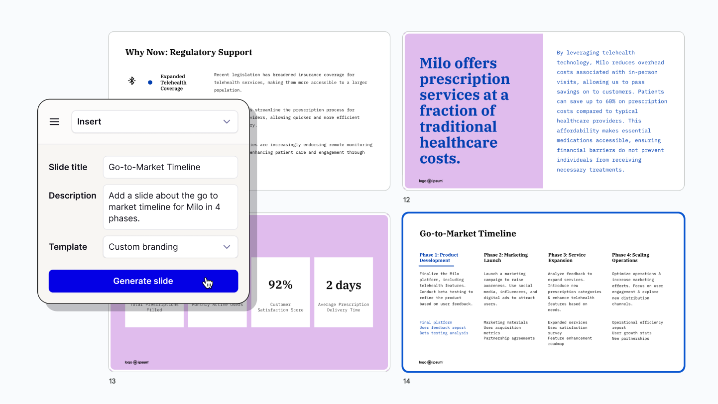 Illustration with screenshot of custom branded slides in the background and Plus AI UI for inserting a new slide in the foreground.