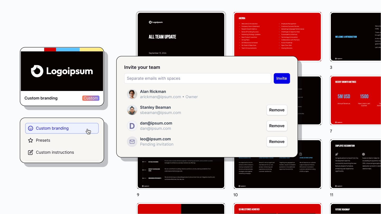 Illustration with screenshot of custom branded slides in the background and Plus AI UI for selecting a custom brand and inviting team members in the foreground.