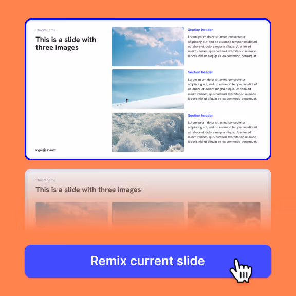Illustration showing a slide layout that has been selected and a cursor hovering over a button that says reads Remix current slide