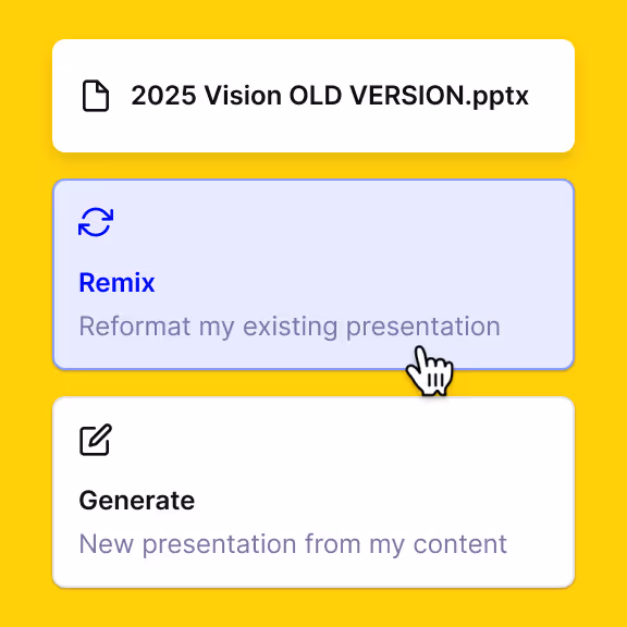 Illustration that shows an uploaded file named 2025 Vision OLD VERSION.pptx, a button reading Remix, and a button reading Generate. A cursor is hovering over Remix