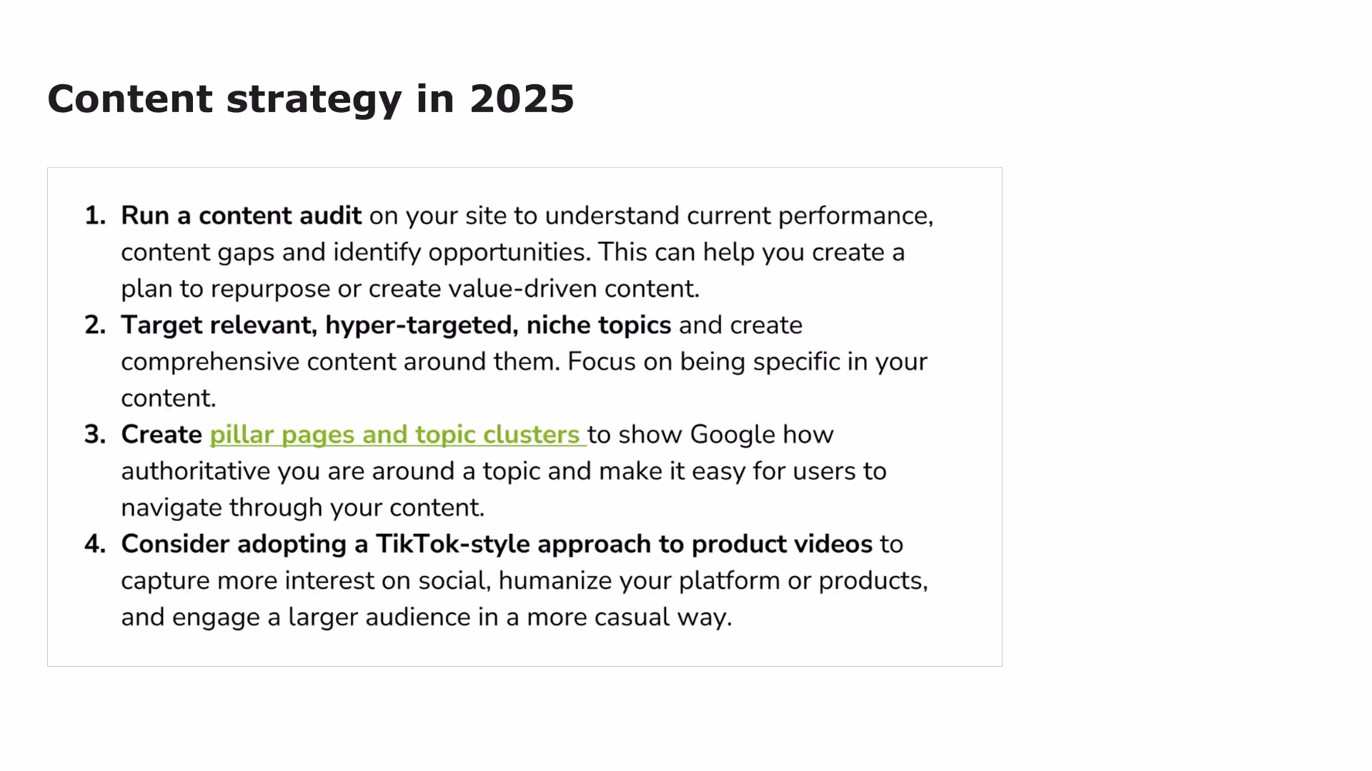 Screenshot of a slide, with title "Content strategy in 2025" and a list of content strategy tips