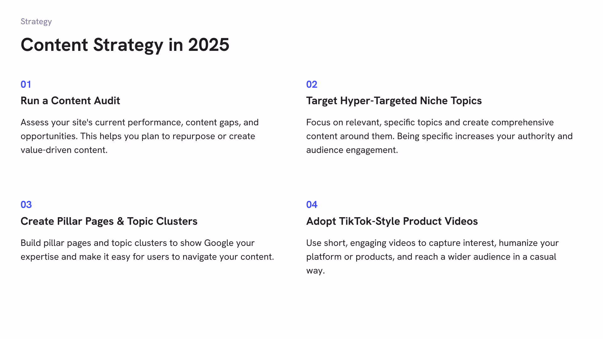Screenshot of a slide with the title "Content strategy in 2025" and four formatted content strategy tips in a grid layout