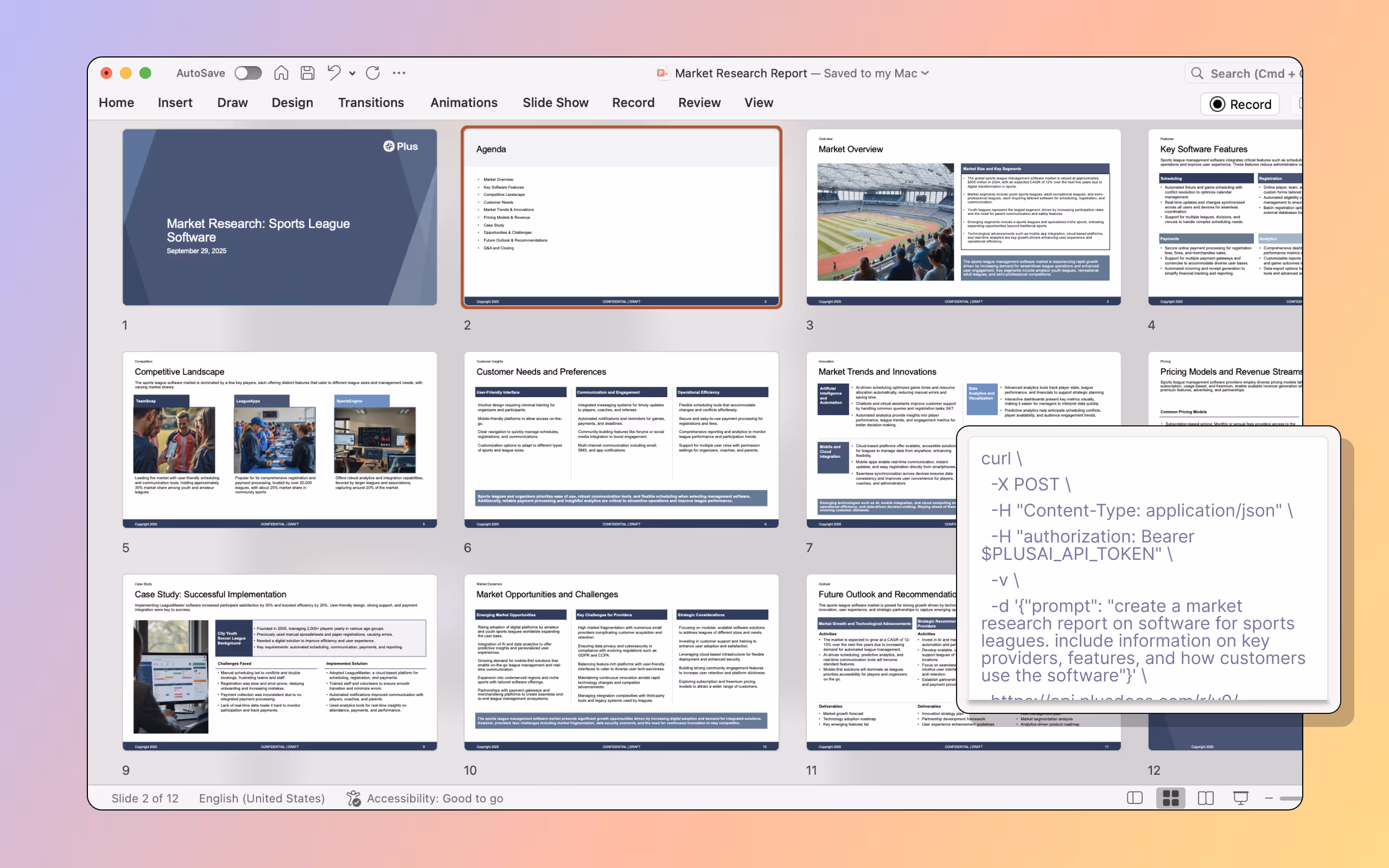 Image of an example Plus AI presentation and corresponding API request