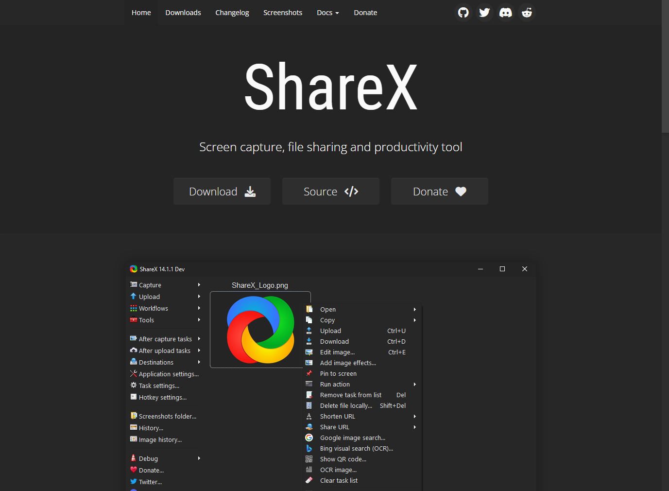 A screenshot of the ShareX home page