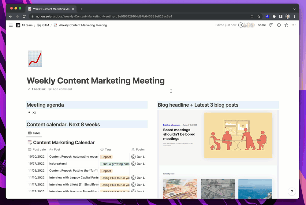 An example of a Plus dashboard with information from Google Analytics, Hubspot, and LinkedIn embedded in a Notion page