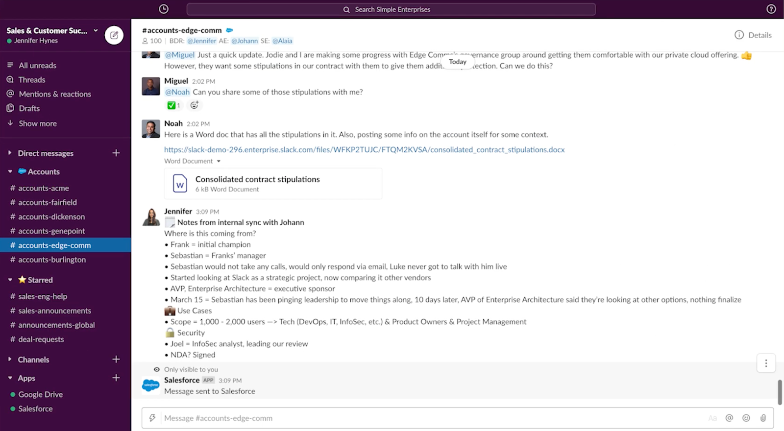 Example of an integration between Slack and Salesforce