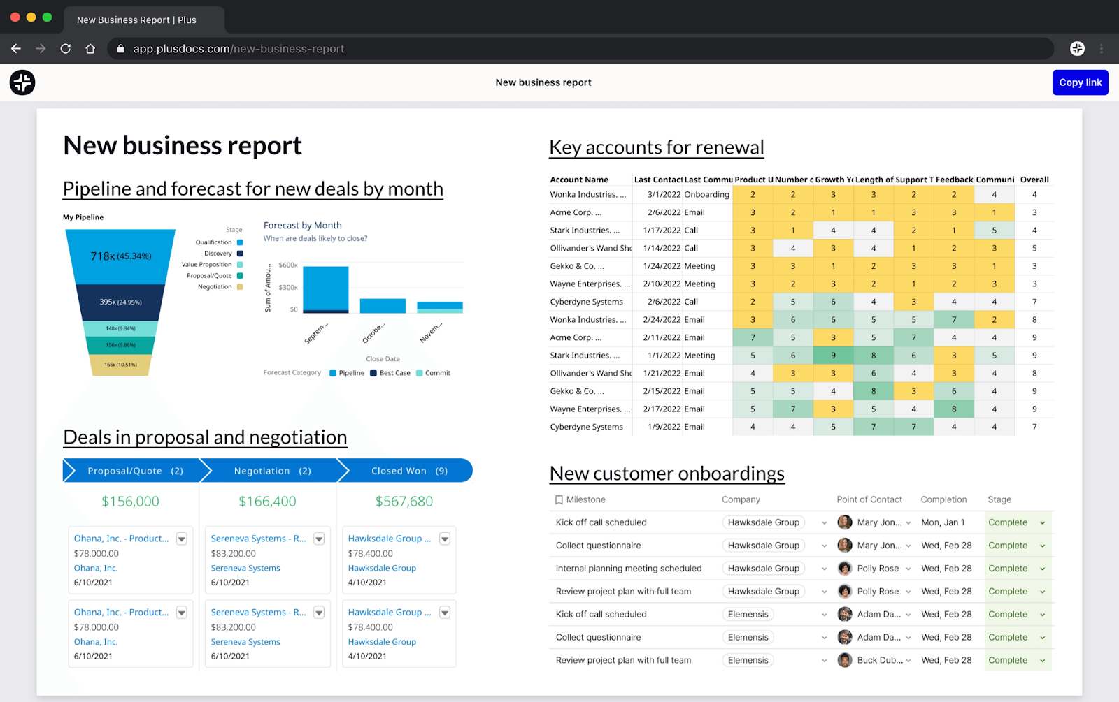 Example of a business dashboard report in Plus