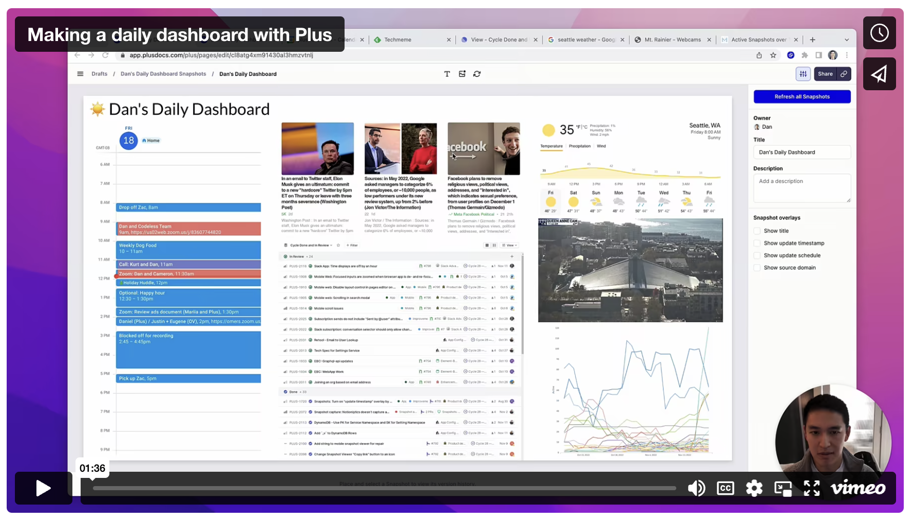 Screenshot of a video about making a daily dashboard with Plus