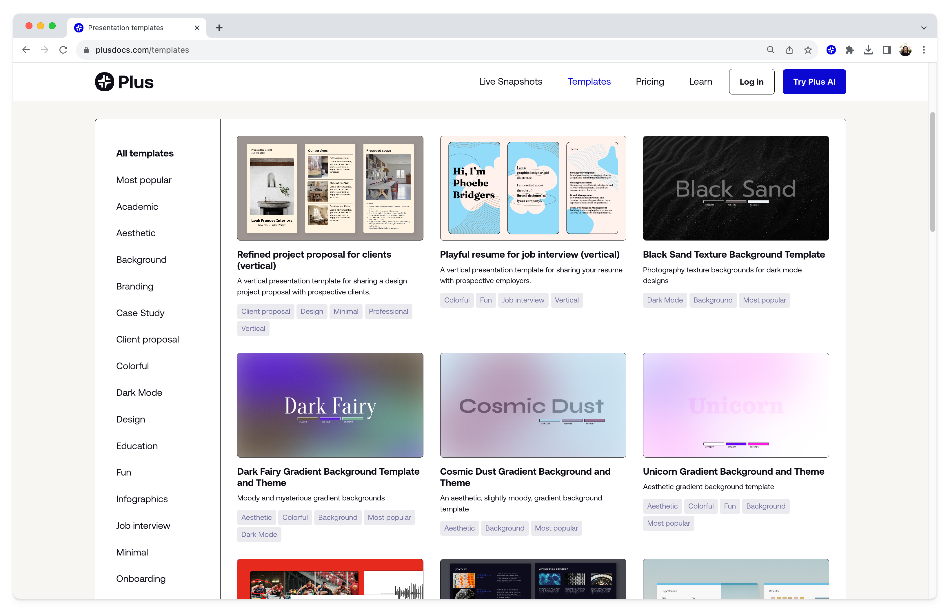 A screenshot of the Plus template library for free Google Slides templates.