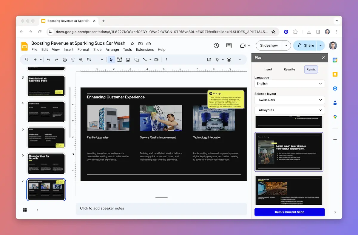 Plus AI slide editing interface to reformat slides