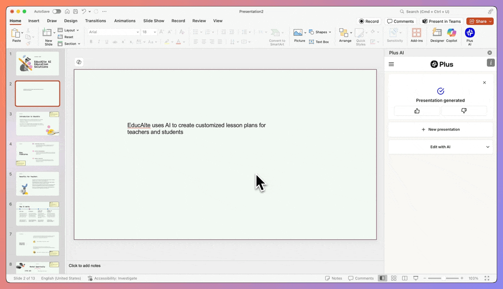 Demo of a user editing PowerPoint slides with Plus AI
