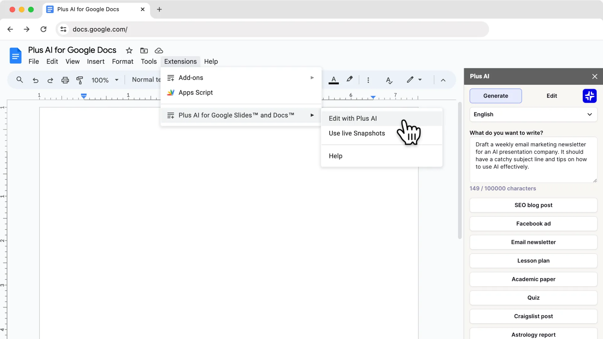 Trabalhe diretamente no Google Docs example