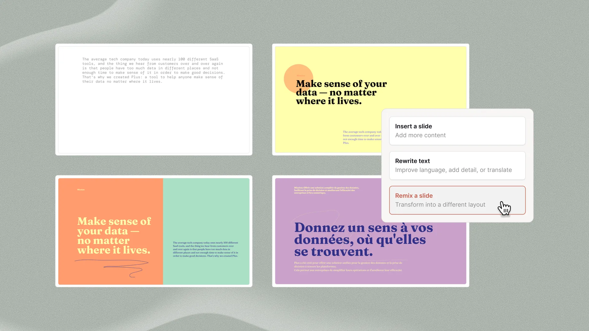 Illustration of 4 slides and the Plus AI editing buttons for Insert a slide, Rewrite text, and Remix a slide.