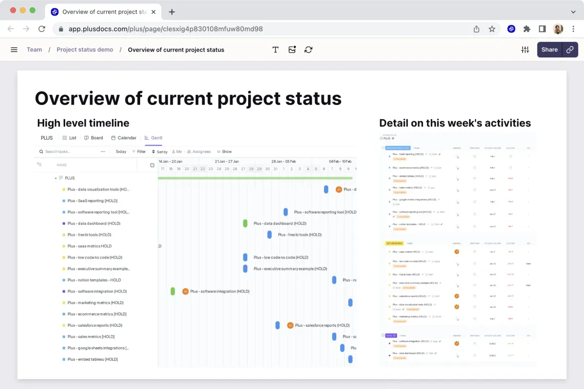 Share project updates with teams example