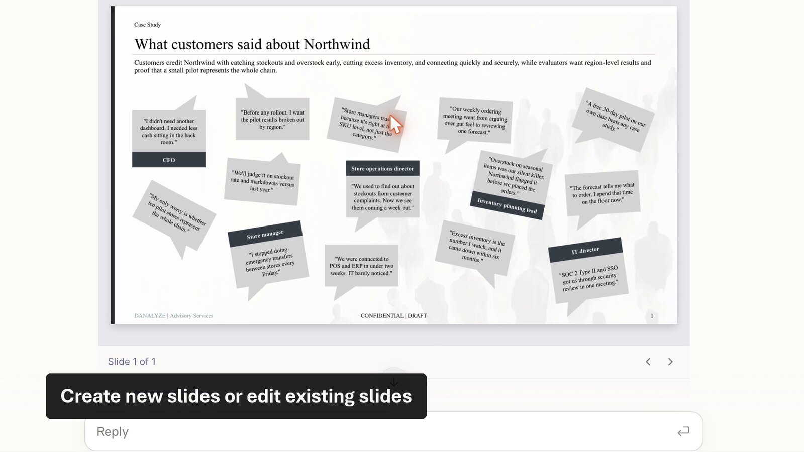An unformatted customer success slide with a long bullet list