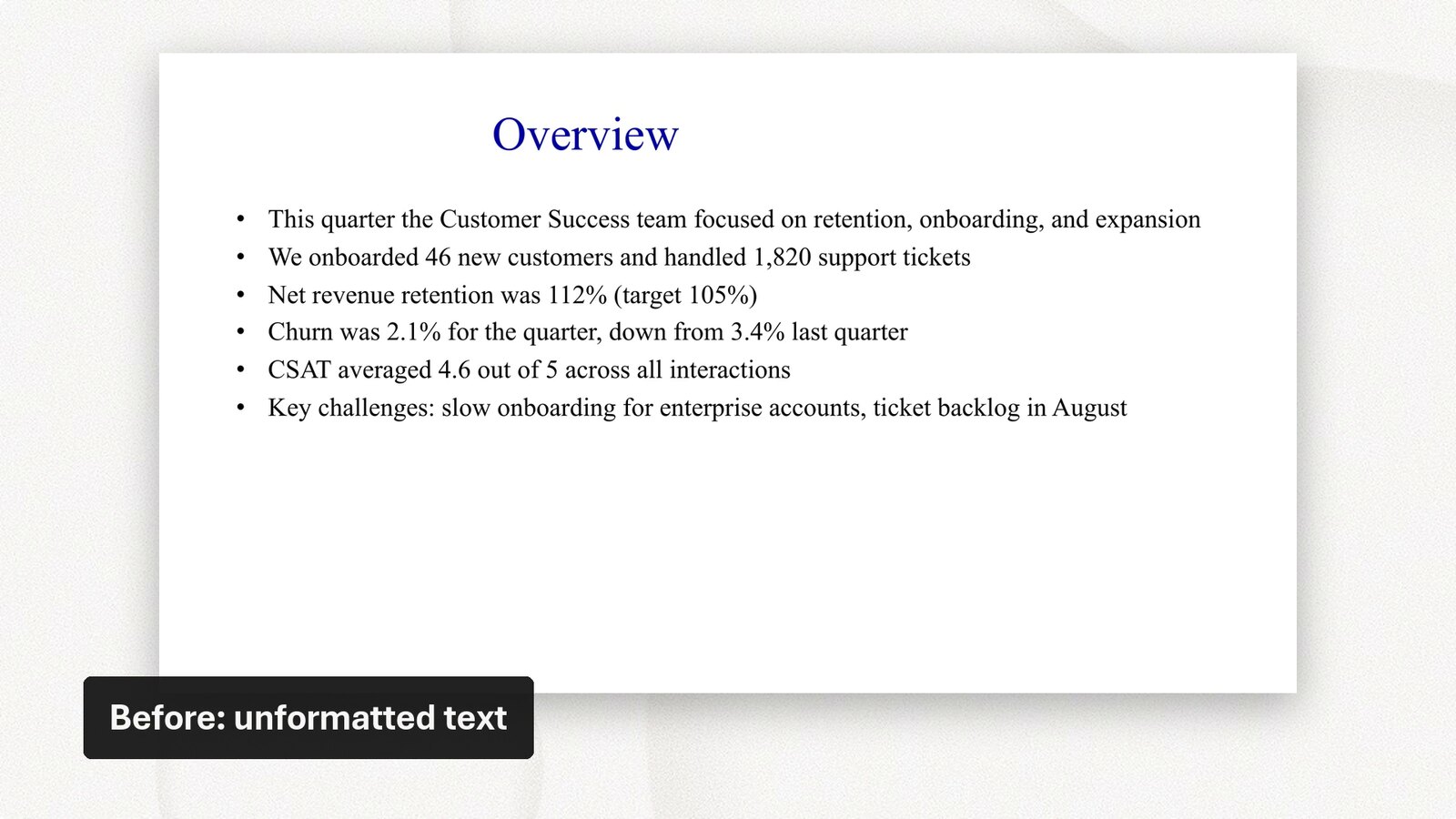 A dated, unformatted slide next to the same slide redesigned in the Plus AI template, with a chart
