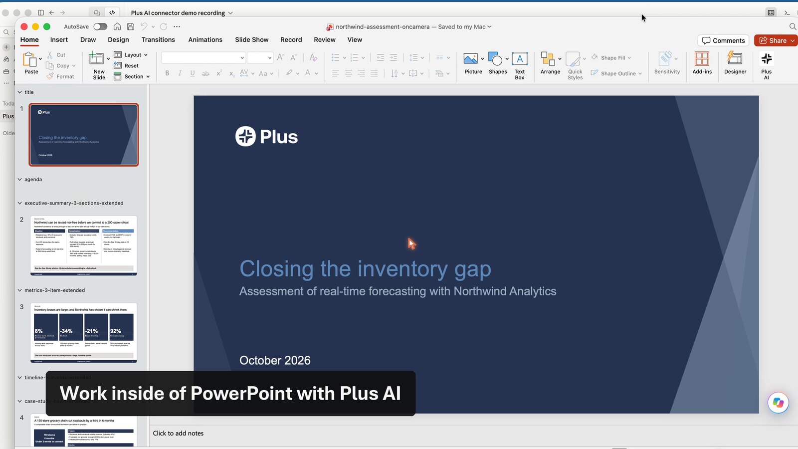 A Plus AI-generated slide open in PowerPoint with the title being edited