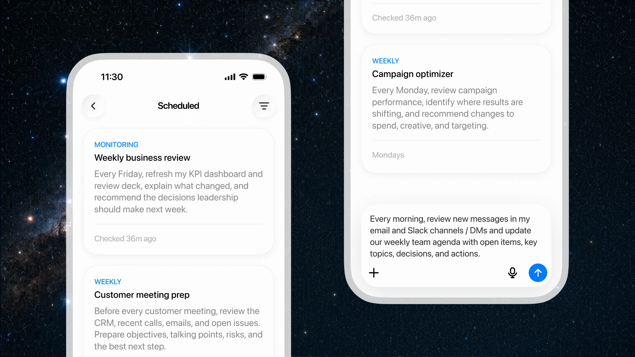 ChatGPT on mobile showing scheduled agent tasks, including a Friday weekly business review, customer meeting prep, and a Monday campaign optimizer