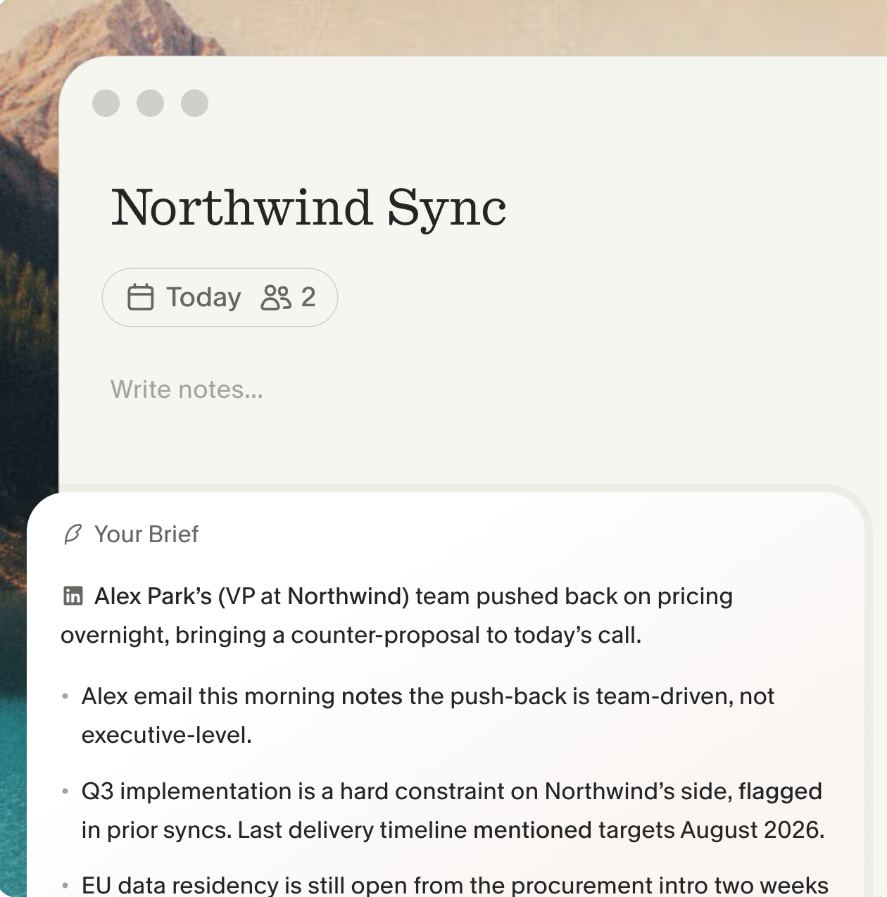 Granola meeting note for Northwind Sync with an AI-generated brief on pricing pushback, a Q3 implementation deadline, and EU data residency