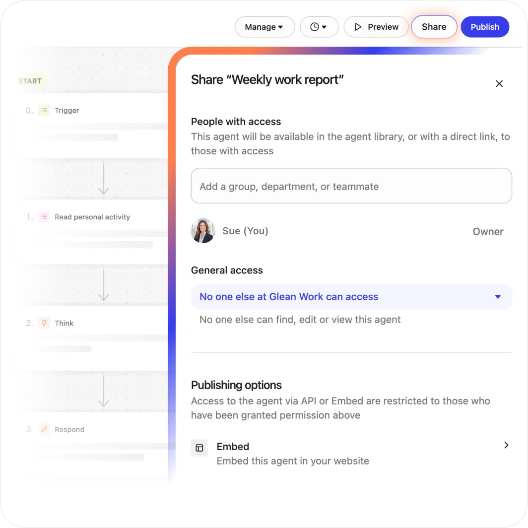 Glean agent builder share dialog for a Weekly work report agent, with access settings and embed publishing options beside its workflow steps