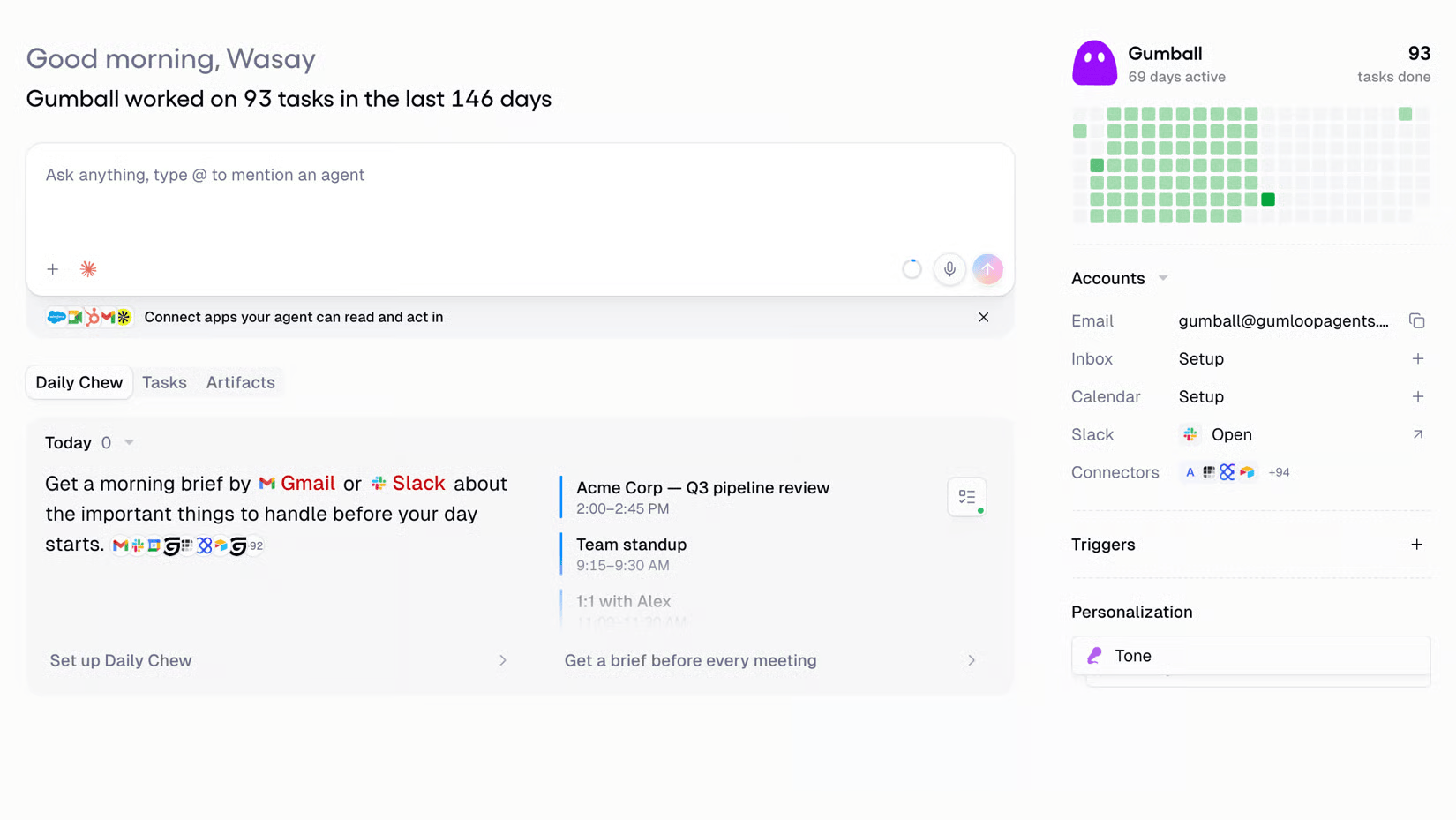 Gumloop agent dashboard showing Gumball completed 93 tasks in 146 days, with a Daily Chew morning brief, upcoming meetings, and connected apps