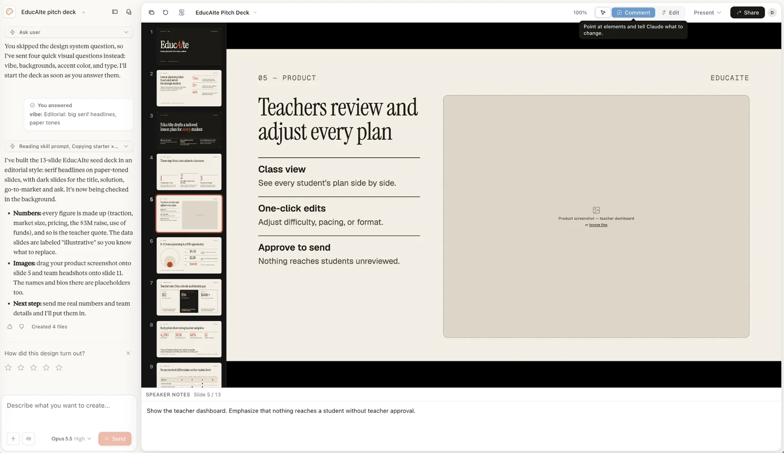 Folieneditor von Claude Design mit einem Pitchdeck für EducAIte