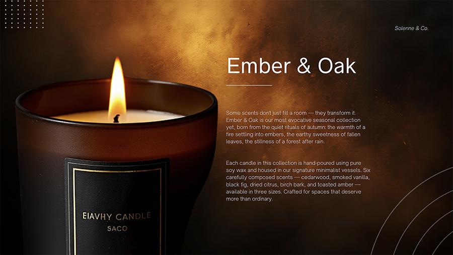 A design-forward slide generated by Canva for a candle collection, with a close-up product photo and elegant typography