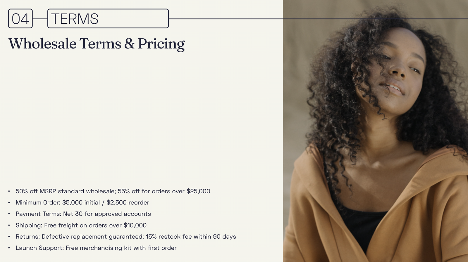 A wholesale terms and pricing slide generated in Pitch, combining a bulleted list with a full-height portrait photo