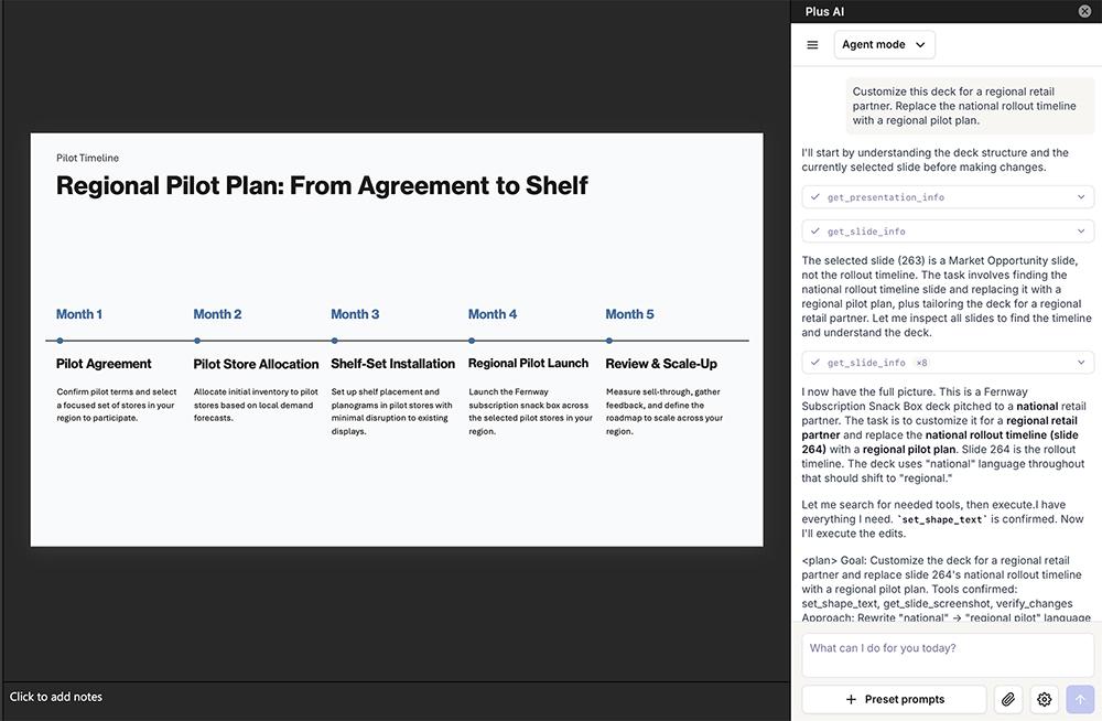 The Plus AI Agent sidebar in PowerPoint working through a request to customize a deck, next to a regional pilot plan timeline slide