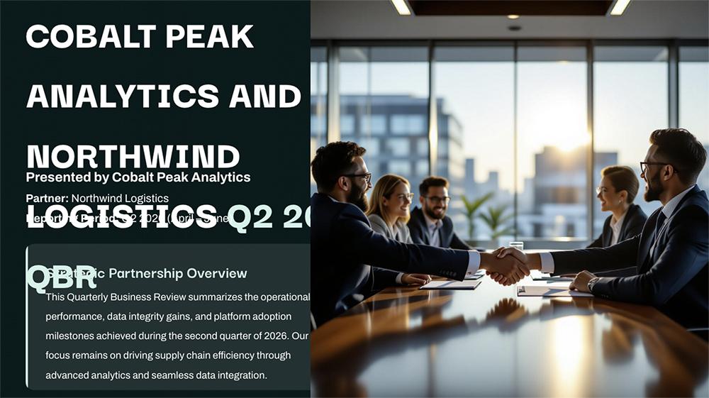 A title slide generated by SlidesAI with overlapping, cut-off text blocks layered over a boardroom photo