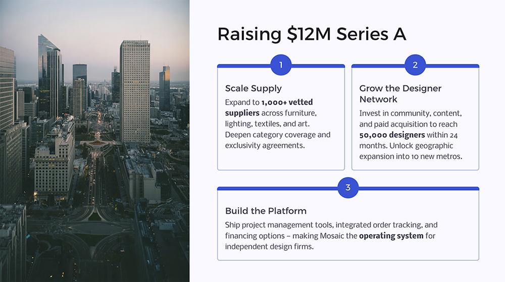 A Series A fundraising slide created with Gamma, pairing a city skyline photo with three numbered plans for the funds