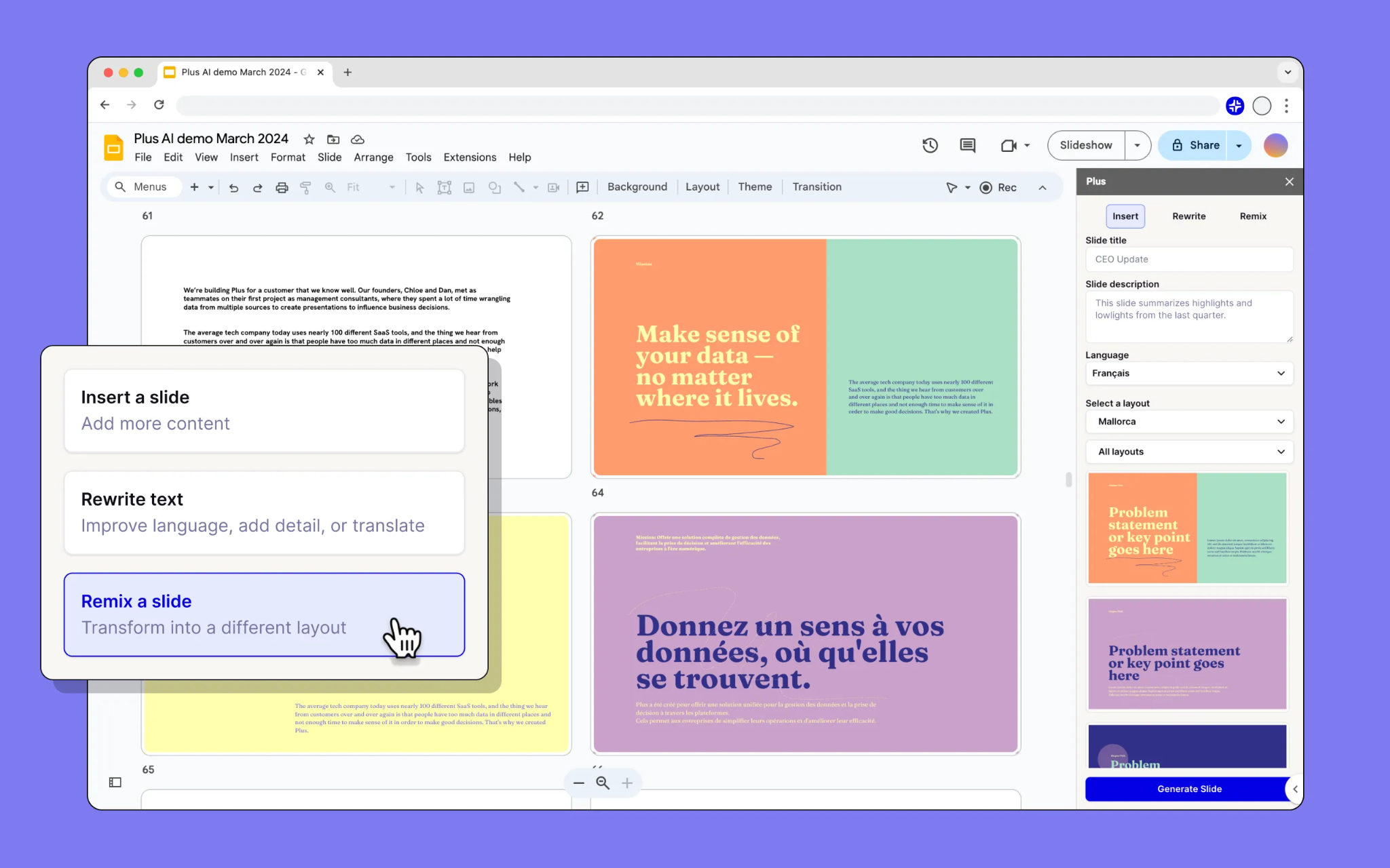 Plus AI sidebar in Google Slides with Insert, Rewrite, and Remix options, generating a slide in French from a chosen layout