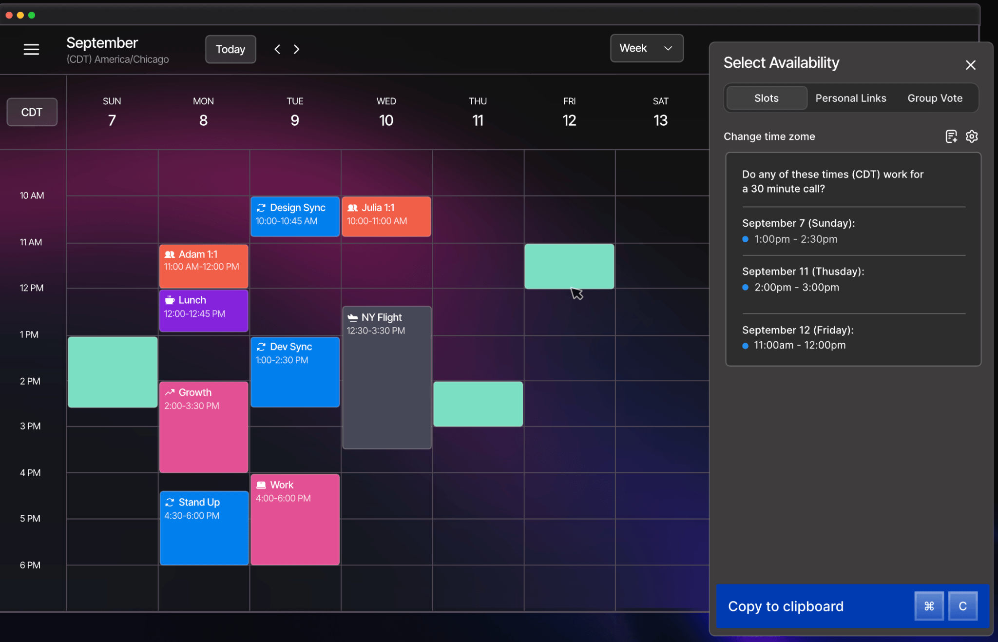 Vimcal weekly calendar with color-coded meetings and a Select Availability panel listing open 30-minute call slots