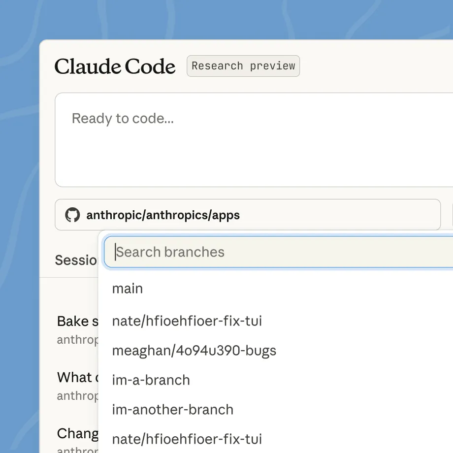 Claude Code web interface with a Ready to code prompt and a branch picker for a GitHub repository