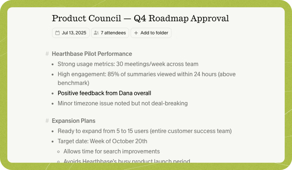Granola meeting notes for a Q4 Roadmap Approval call with 7 attendees, covering pilot metrics and expansion plans
