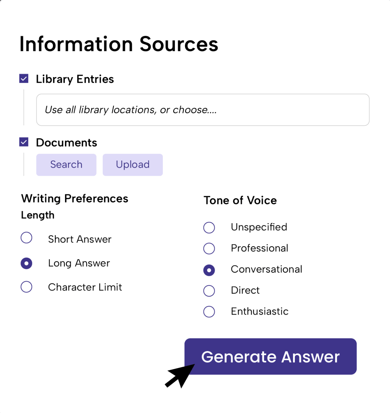 Loopio answer generator with information source options, length and tone settings, and a Generate Answer button