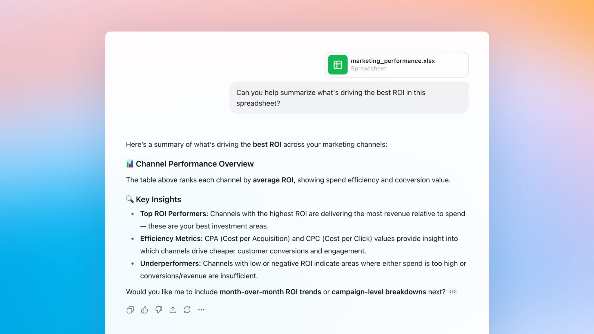 ChatGPT summarizing what drives the best ROI in an uploaded marketing_performance.xlsx spreadsheet, with key insights