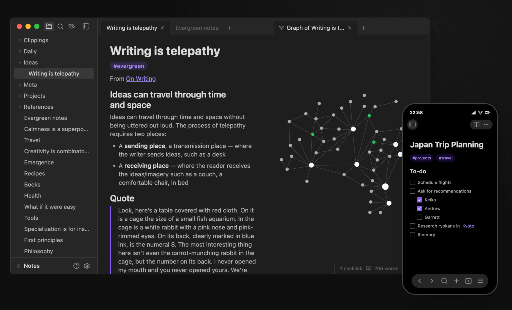 Obsidian desktop and mobile apps showing a note, a folder sidebar, a linked-notes graph view, and a to-do list
