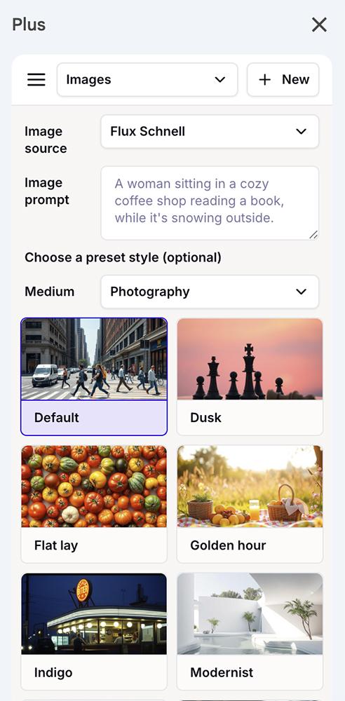 Plus AI image generation options with multiple AI models and photo styles