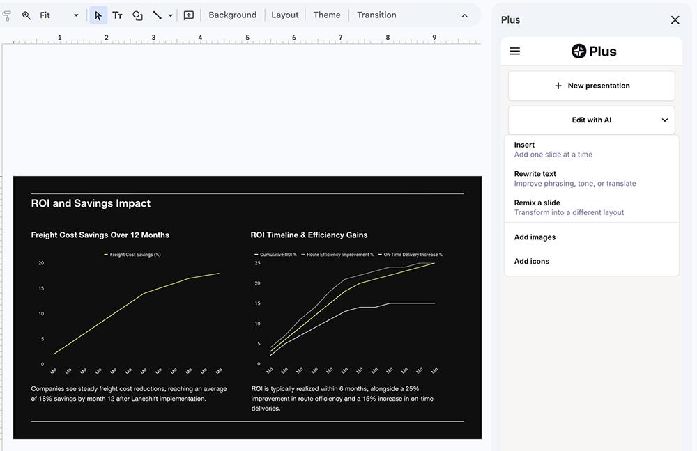 Plus AI editing presets in Google Slides for rewriting copy and remixing layouts