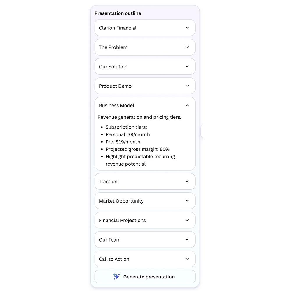 Canva AI's presentation outline with expandable details for each slide and a Generate presentation button