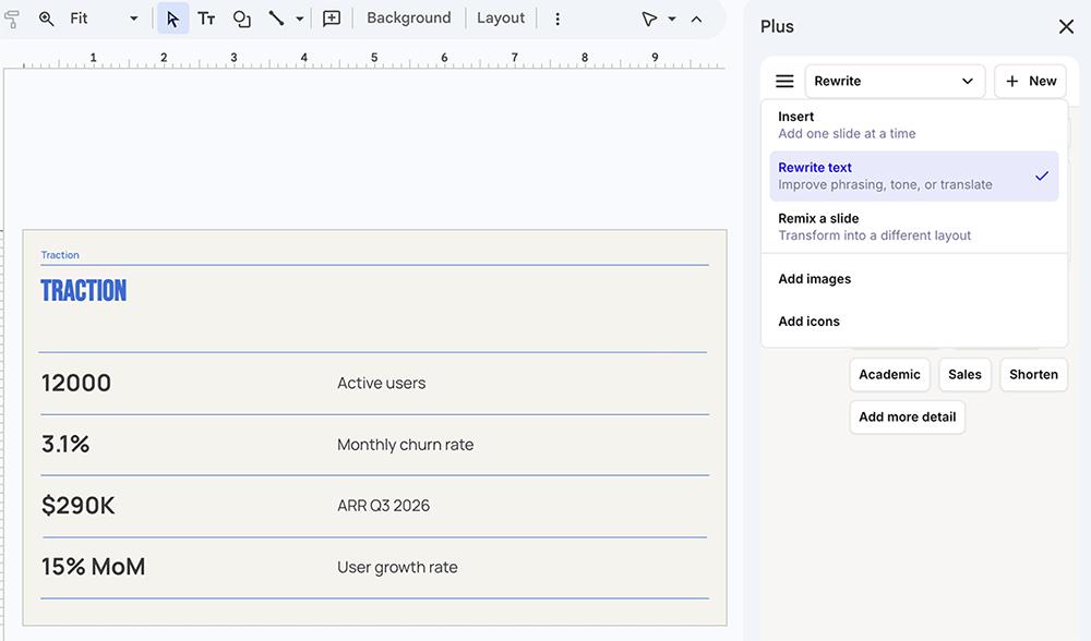 Plus AI sidebar in Google Slides showing one-click editing presets like Rewrite text and Remix a slide
