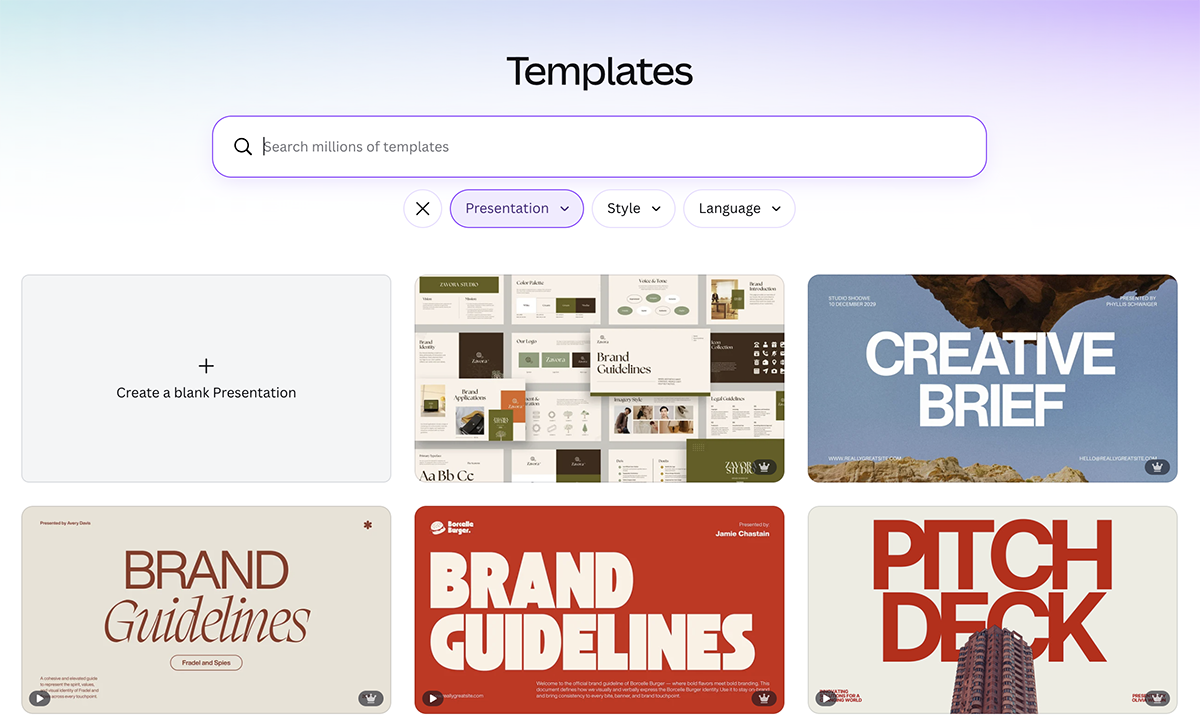 Canva's template library with a search bar for millions of presentation templates