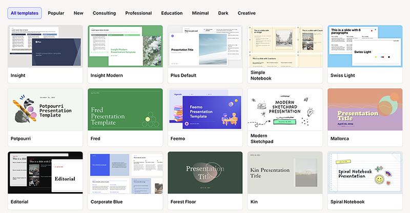 Plus AI's template gallery showing professionally designed presentation themes