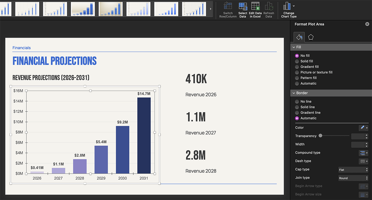 Chart in a Plus AI-generated PowerPoint deck being edited directly with Excel data