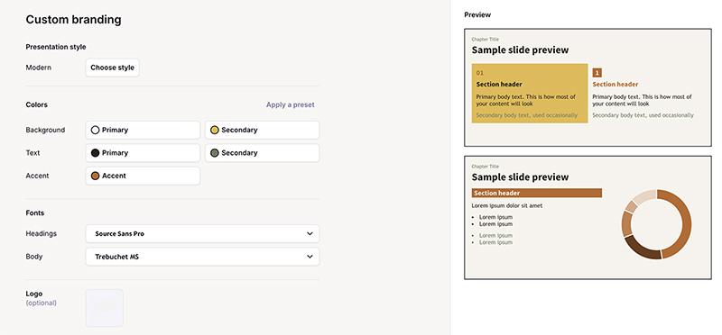Plus AI custom branding settings for colors, fonts, and logo, with live slide previews