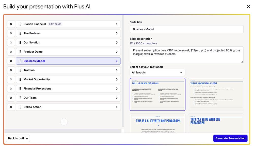 Plus AI's outline editor with reorderable slide titles, an editable slide description, and selectable slide layouts